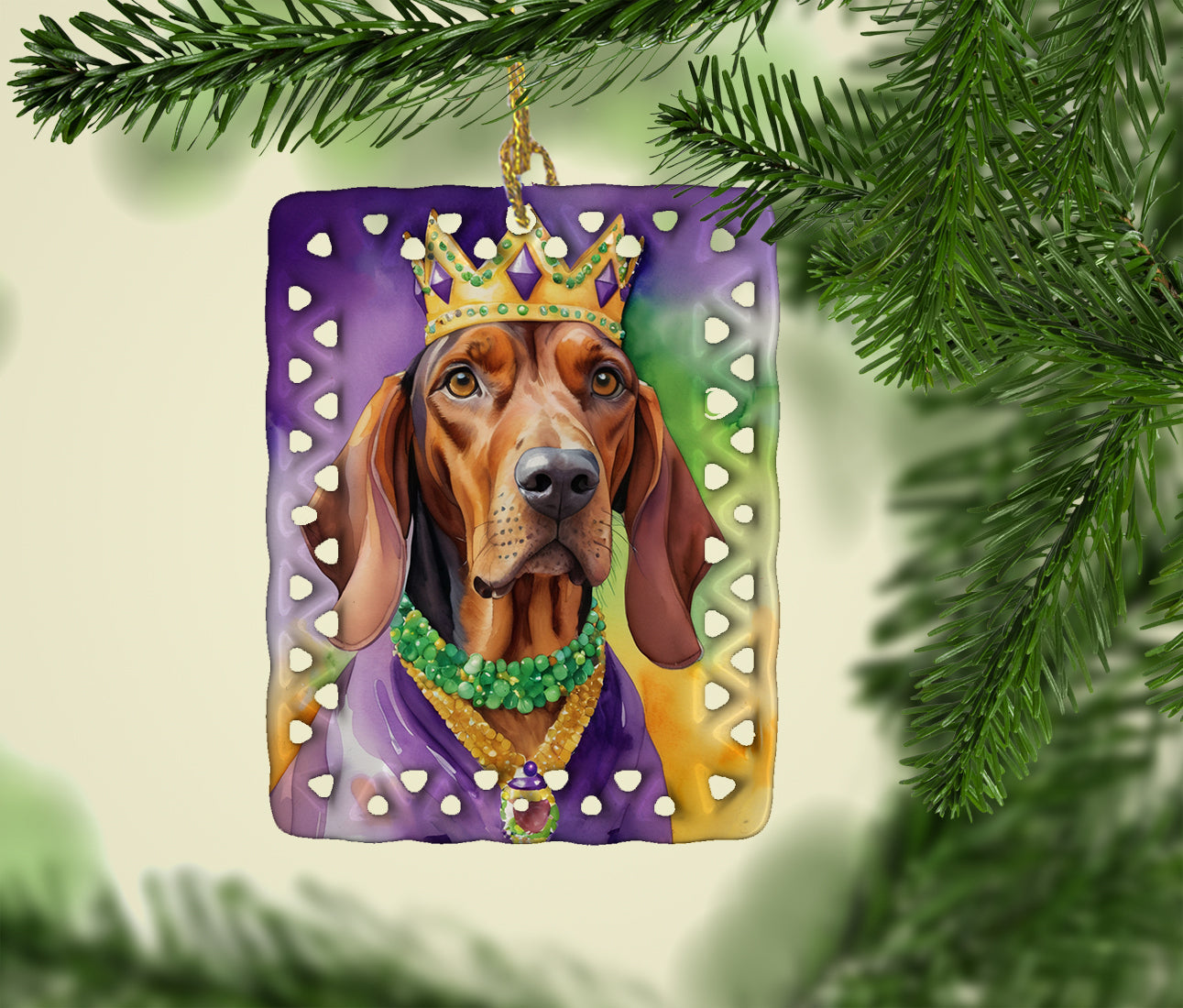 Redbone Coonhound King of Mardi Gras Porcelain Ornament