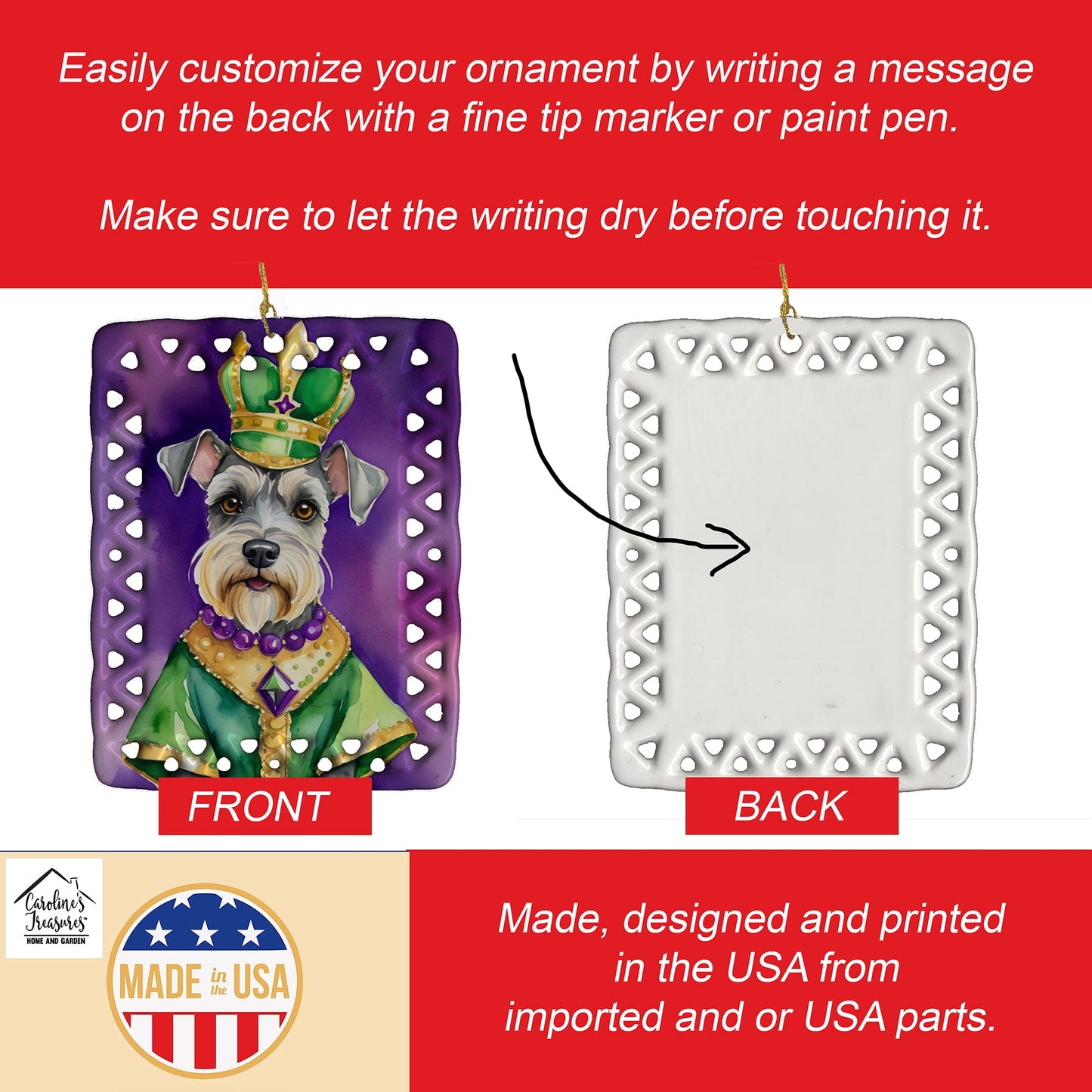 Schnauzer King of Mardi Gras Porcelain Ornament