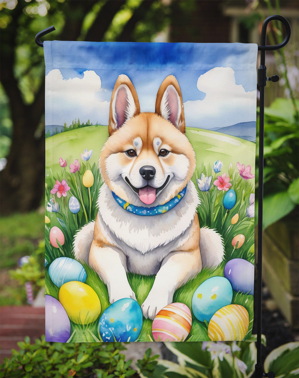 Akita Easter Garden Flag - Easter Egg Hunt - Dog-Themed Spring Yard Decor