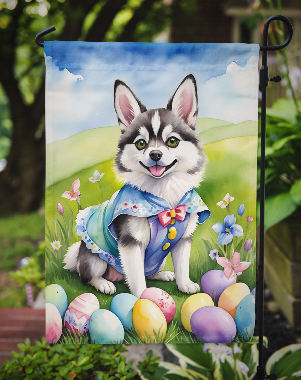 Alaskan Klee Kai Easter Garden Flag - Easter Egg Hunt - Dog-Themed Spring Yard Decor