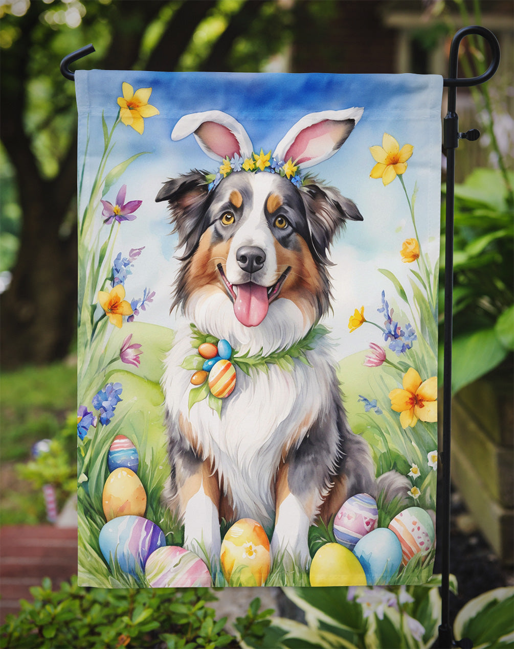 Australian Shepherd Easter Garden Flag - Easter Egg Hunt - Dog-Themed Spring Yard Decor