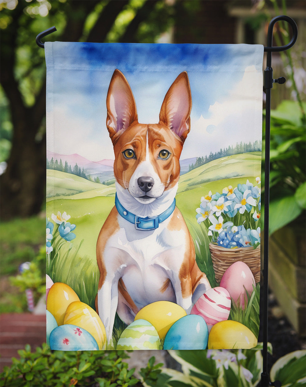 Basenji Easter Garden Flag - Easter Egg Hunt - Dog-Themed Spring Yard Decor