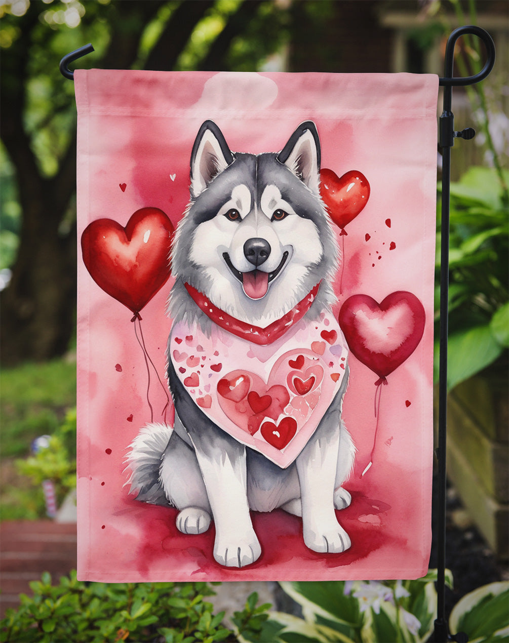 Alaskan Malamute Valentine’s Day Garden Flag – Dog-Themed Heart Yard Decor
