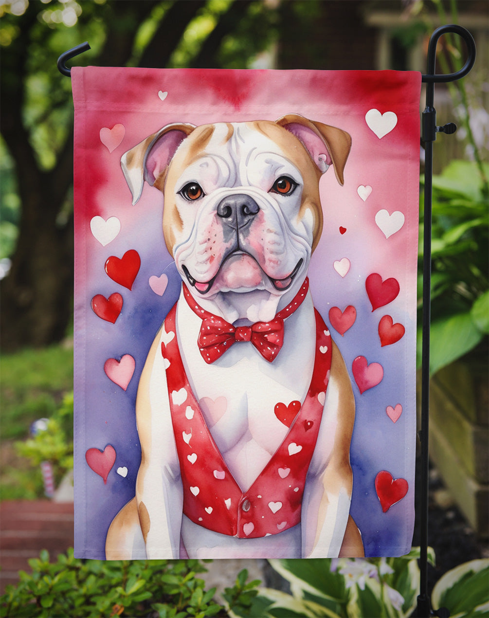 American Bulldog Valentine’s Day Garden Flag – Dog-Themed Heart Yard Decor