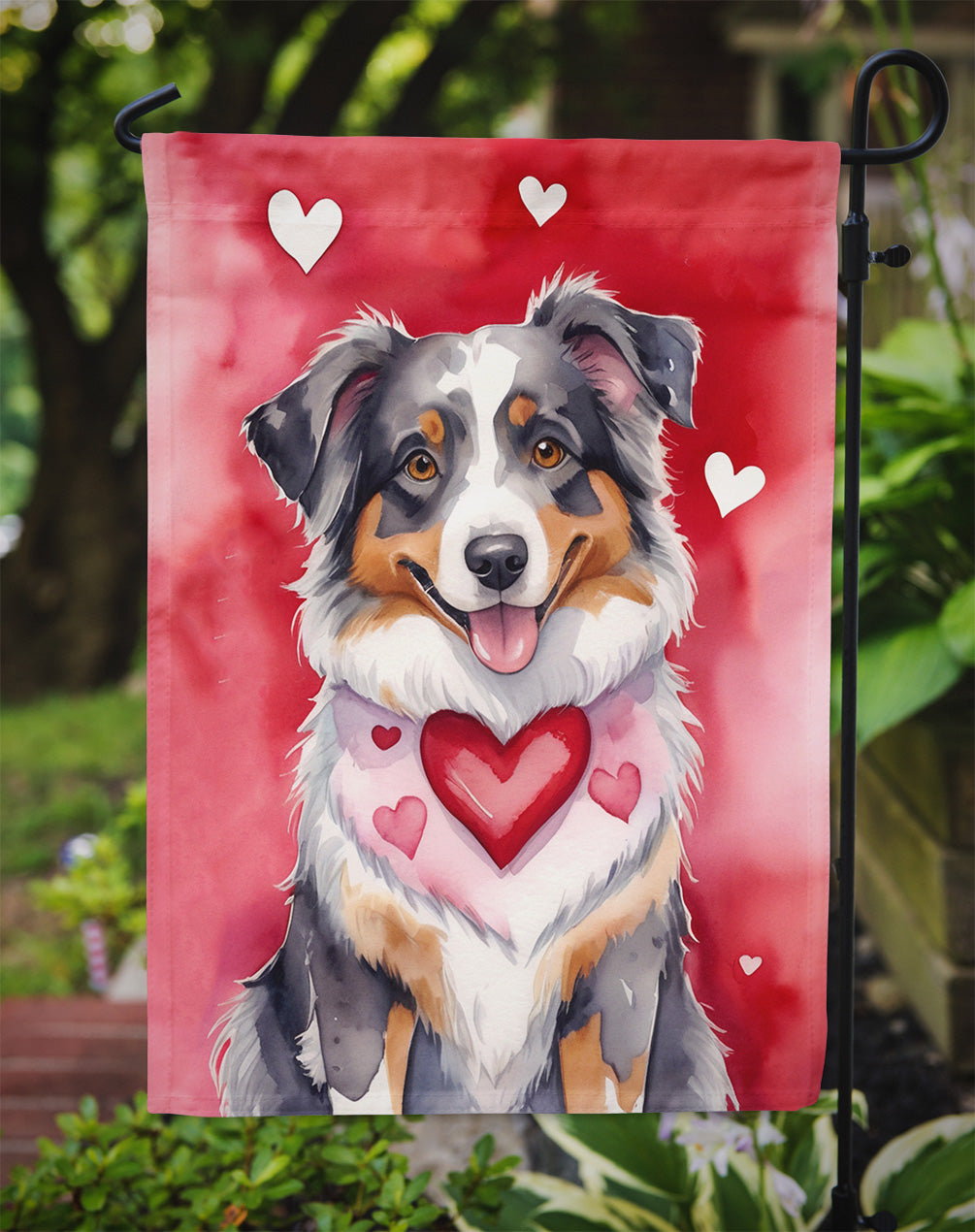 Australian Shepherd Valentine’s Day Garden Flag – Dog-Themed Heart Yard Decor