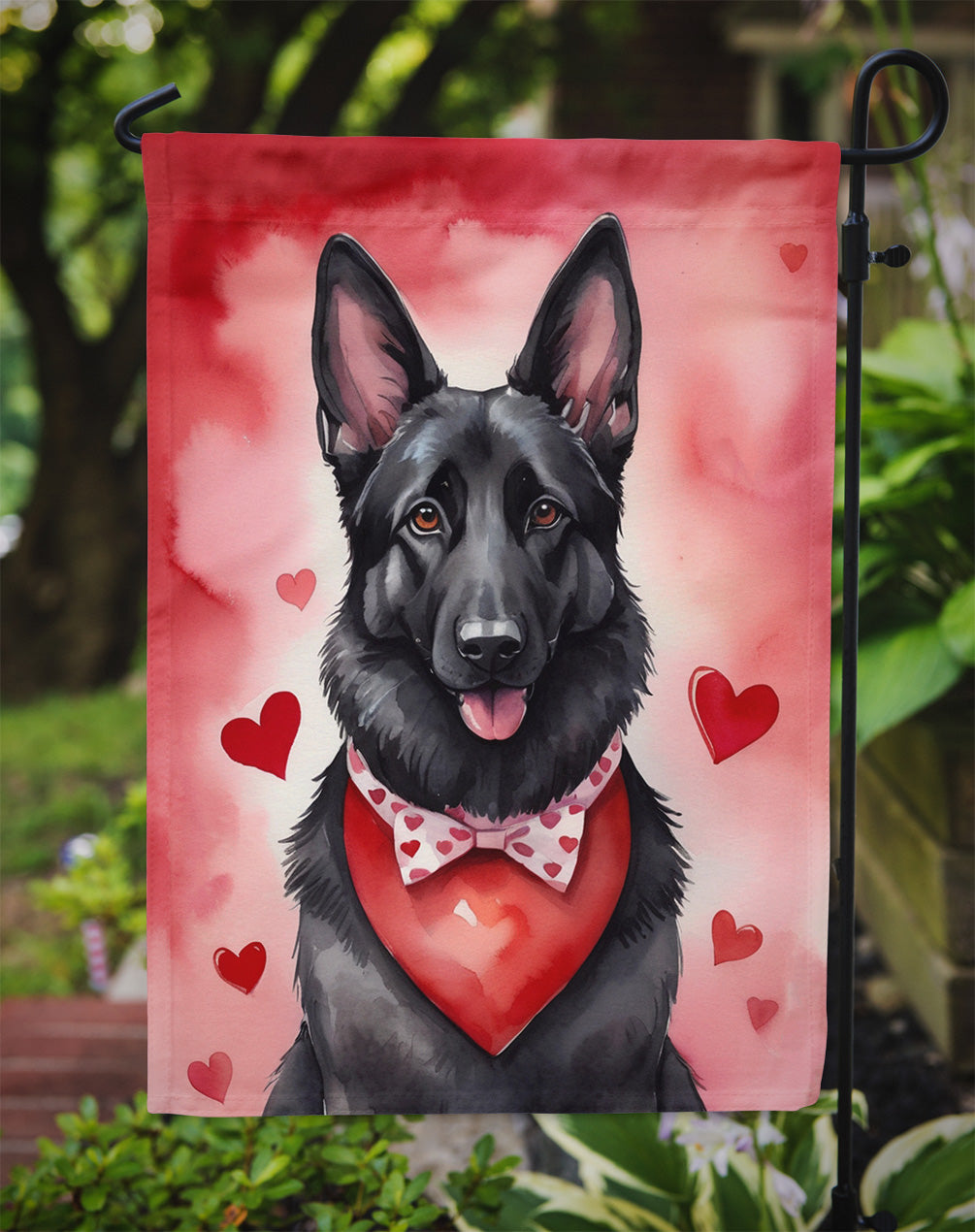 Black German Shepherd Valentine’s Day Garden Flag – Dog-Themed Heart Yard Decor