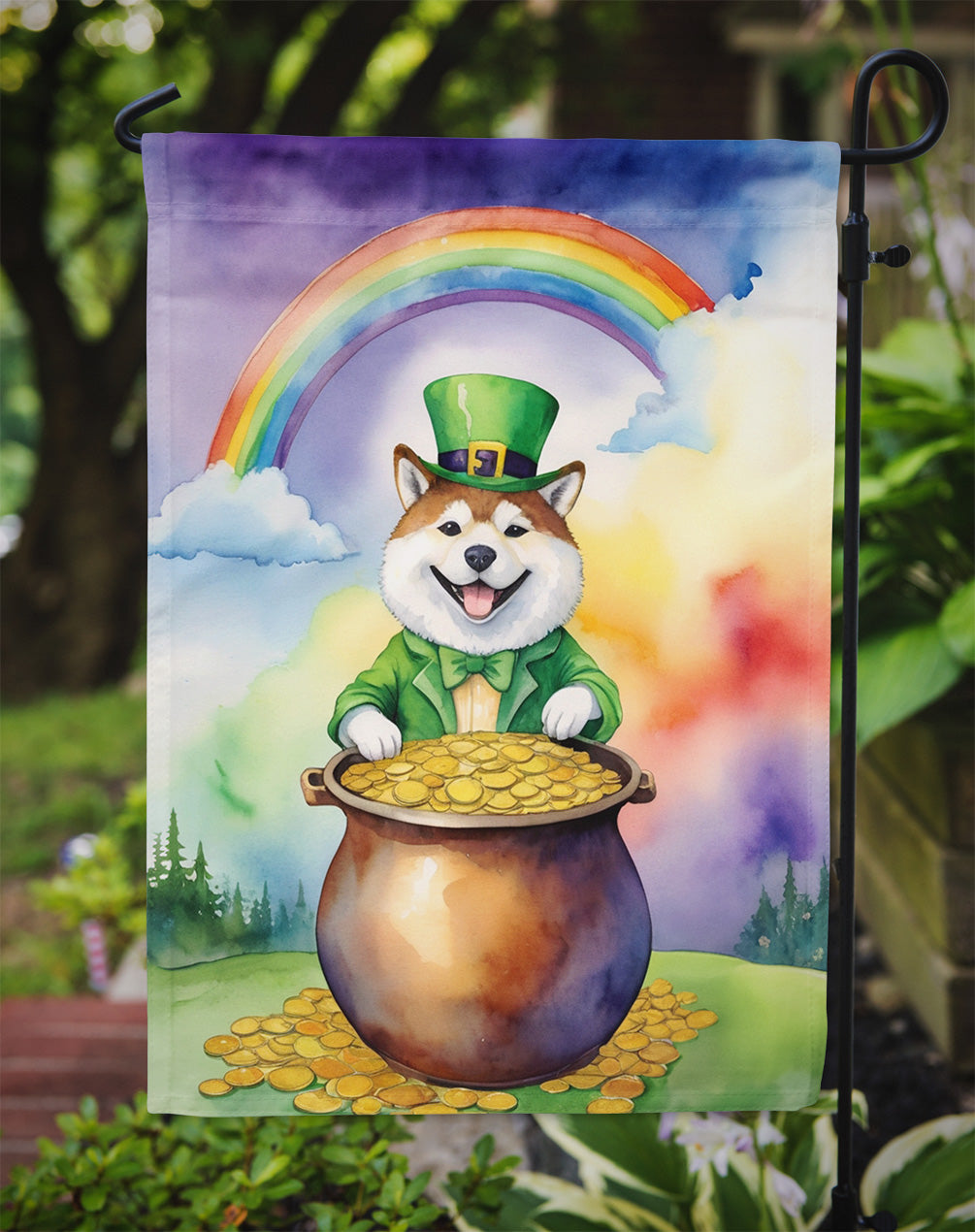 Akita St. Patrick’s Day Garden Flag – Dog with Pot of Gold & Rainbow Yard Decor