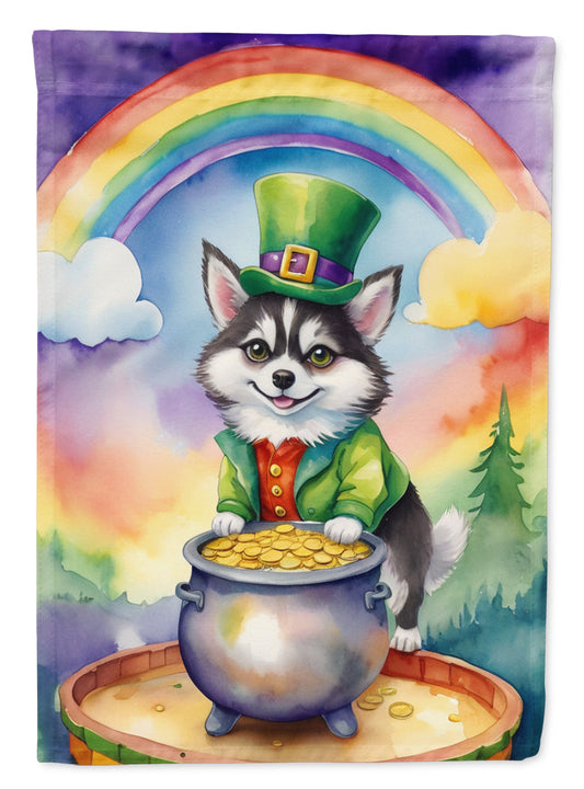 Alaskan Klee Kai St. Patrick’s Day Garden Flag – Dog with Pot of Gold & Rainbow Yard Decor