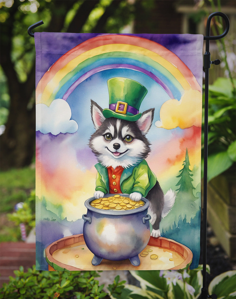 Alaskan Klee Kai St. Patrick’s Day Garden Flag – Dog with Pot of Gold & Rainbow Yard Decor