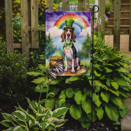 American English Coonhound St. Patrick’s Day Garden Flag – Dog with Pot of Gold & Rainbow Yard Decor