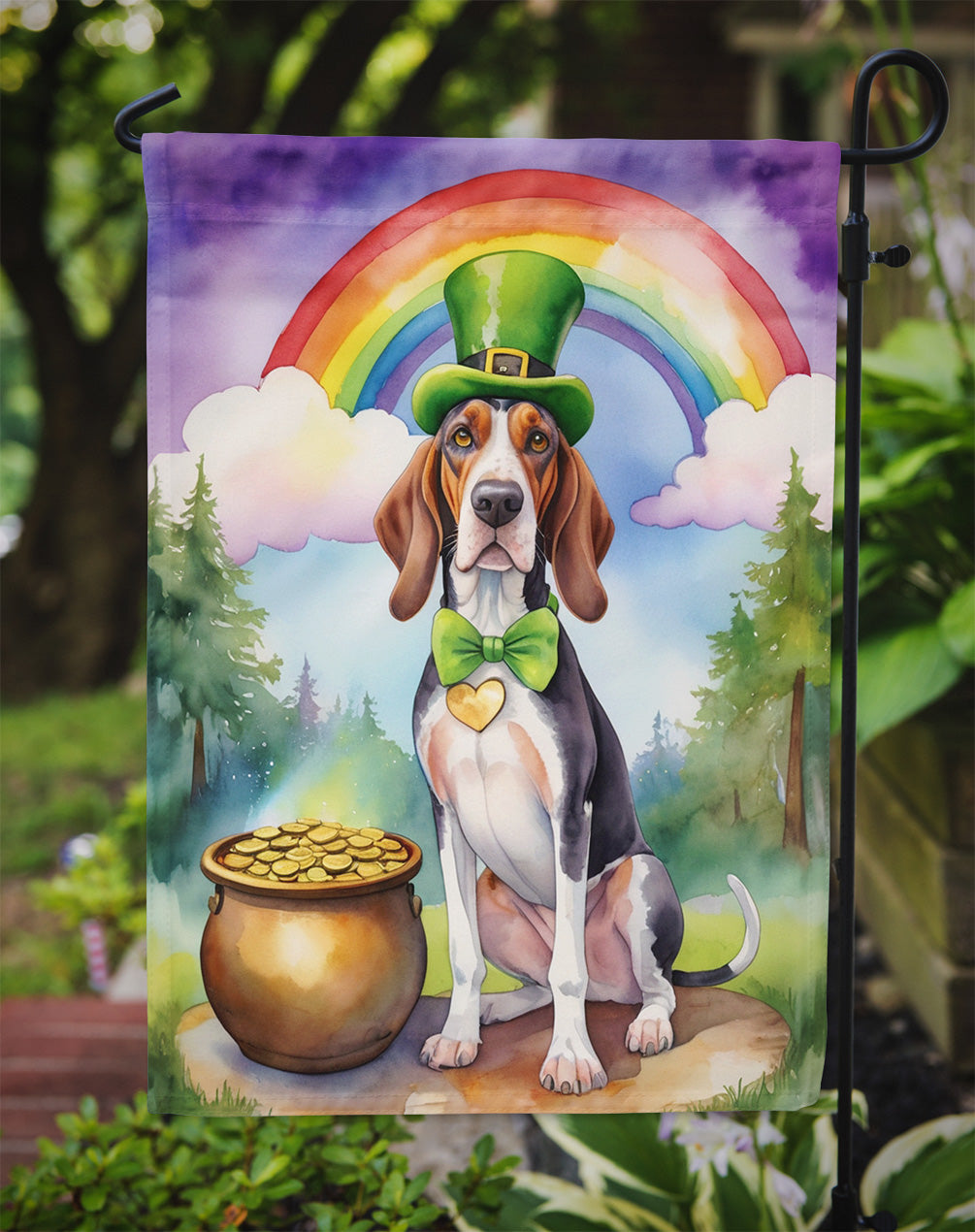 American English Coonhound St. Patrick’s Day Garden Flag – Dog with Pot of Gold & Rainbow Yard Decor