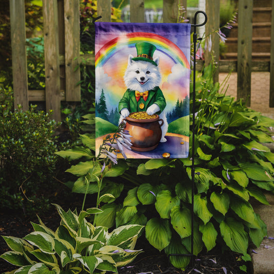 American Eskimo St. Patrick’s Day Garden Flag – Dog with Pot of Gold & Rainbow Yard Decor