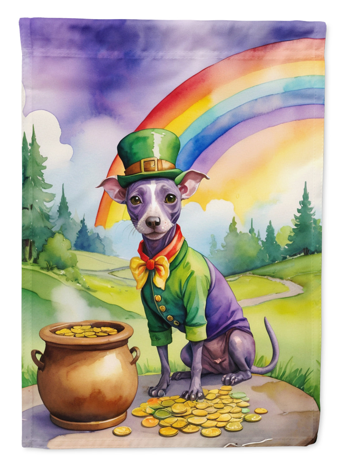 American Hairless Terrier St. Patrick’s Day Garden Flag – Dog with Pot of Gold & Rainbow Yard Decor