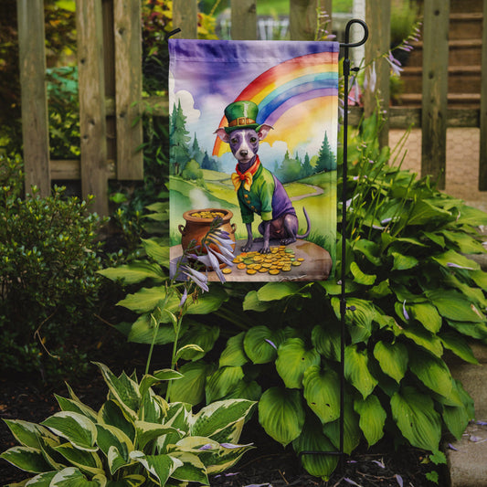 American Hairless Terrier St. Patrick’s Day Garden Flag – Dog with Pot of Gold & Rainbow Yard Decor
