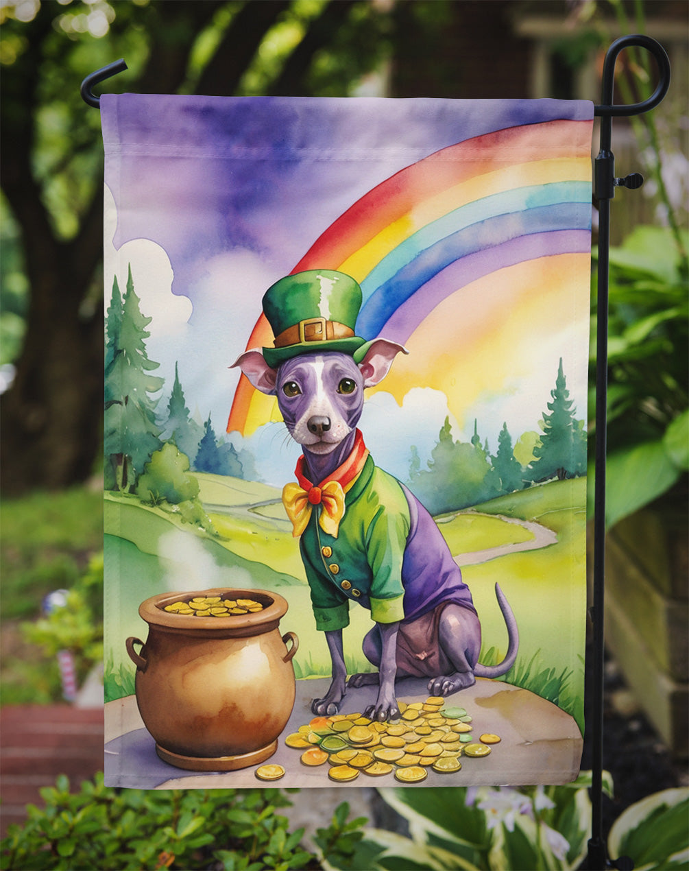 American Hairless Terrier St. Patrick’s Day Garden Flag – Dog with Pot of Gold & Rainbow Yard Decor