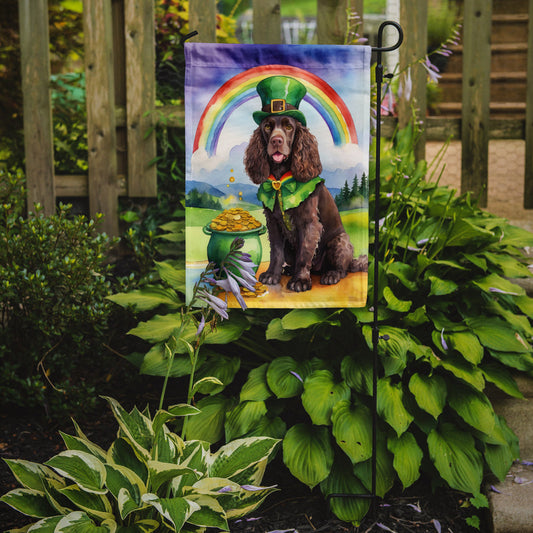 American Water Spaniel St. Patrick’s Day Garden Flag – Dog with Pot of Gold & Rainbow Yard Decor