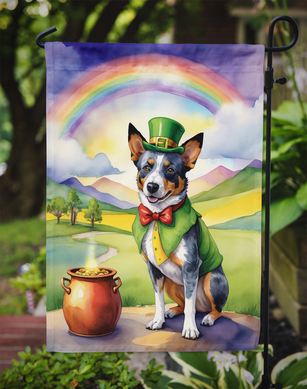 Australian Cattle Dog St. Patrick’s Day Garden Flag – Dog with Pot of Gold & Rainbow Yard Decor