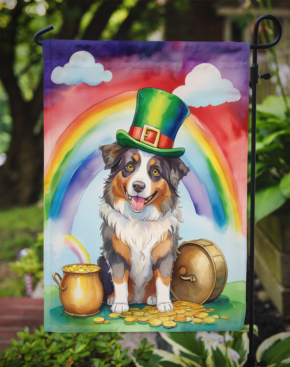 Australian Shepherd St. Patrick’s Day Garden Flag – Dog with Pot of Gold & Rainbow Yard Decor