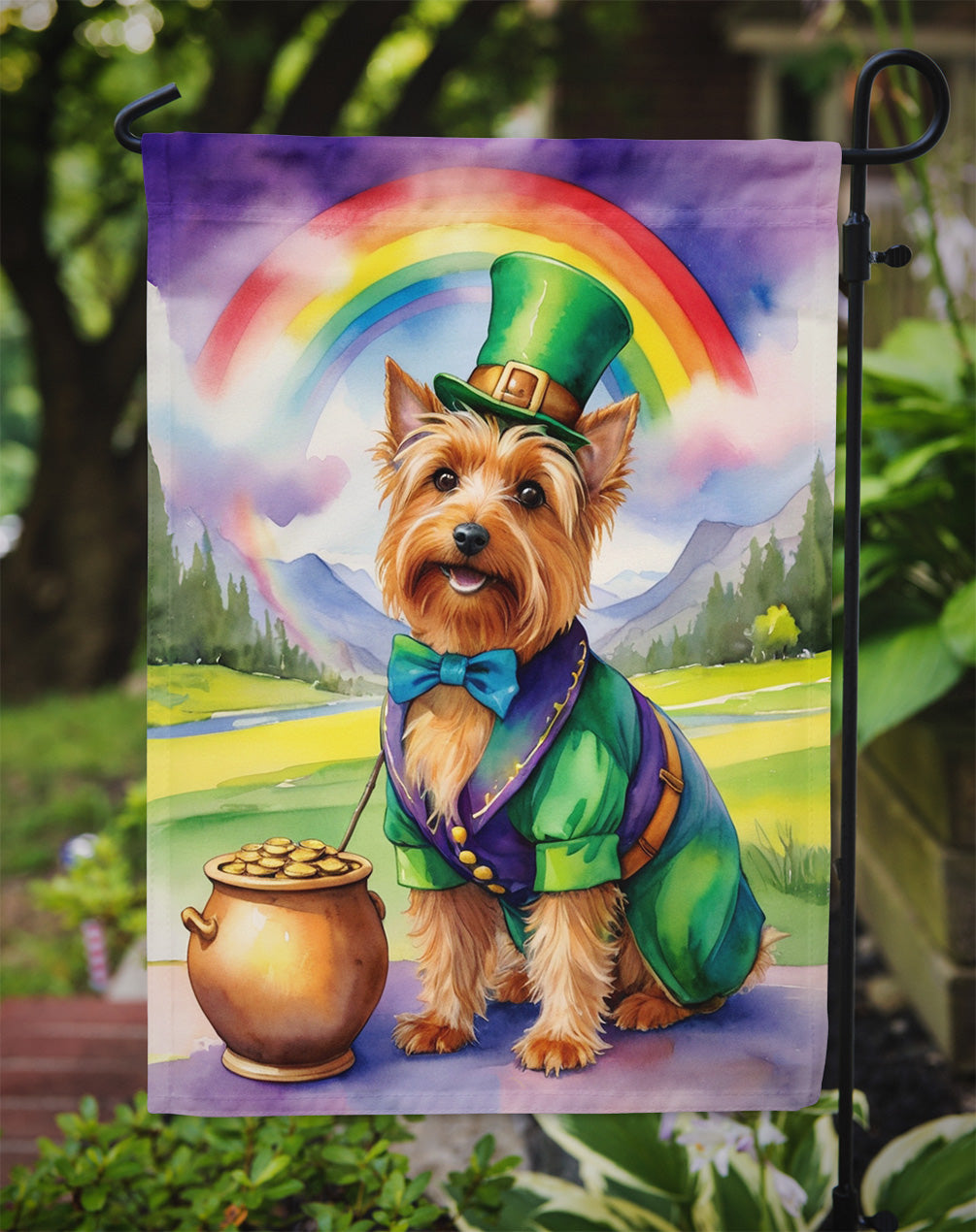 Australian Terrier St. Patrick’s Day Garden Flag – Dog with Pot of Gold & Rainbow Yard Decor