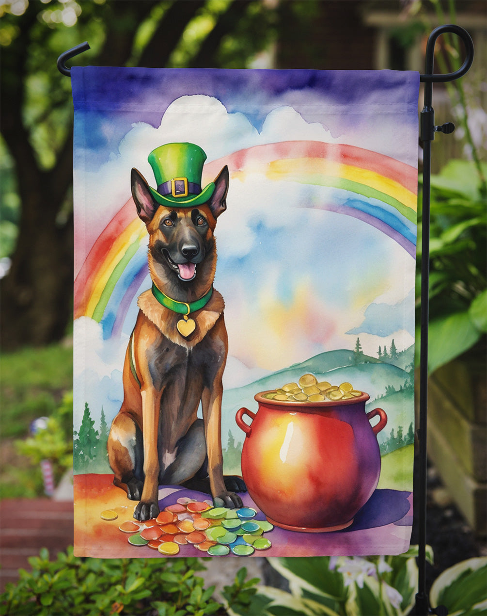 Belgian Malinois St. Patrick’s Day Garden Flag – Dog with Pot of Gold & Rainbow Yard Decor