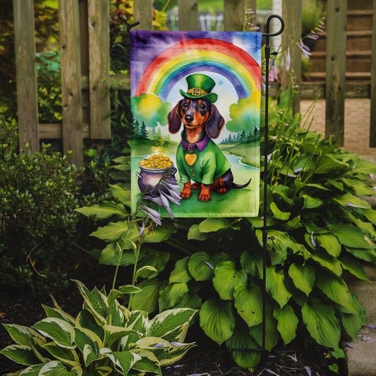 Dachshund St. Patrick’s Day Garden Flag – Dog with Pot of Gold & Rainbow Yard Decor