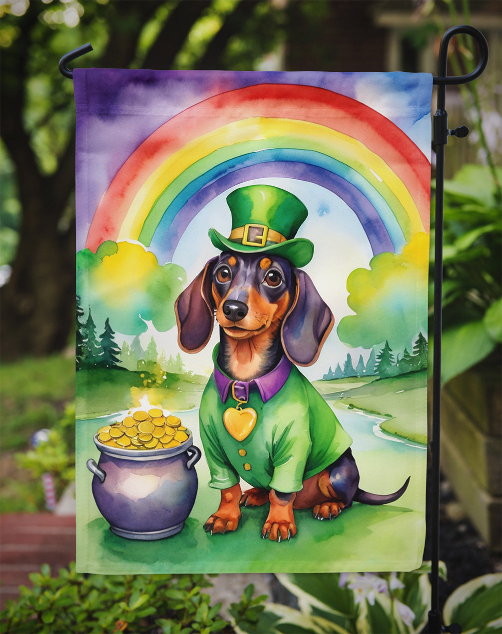 Dachshund St. Patrick’s Day Garden Flag – Dog with Pot of Gold & Rainbow Yard Decor