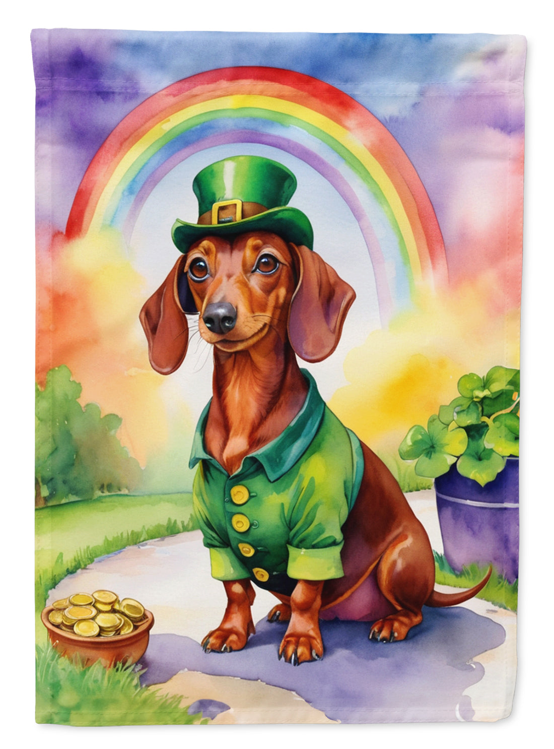 Dachshund St. Patrick’s Day Garden Flag – Dog with Pot of Gold & Rainbow Yard Decor