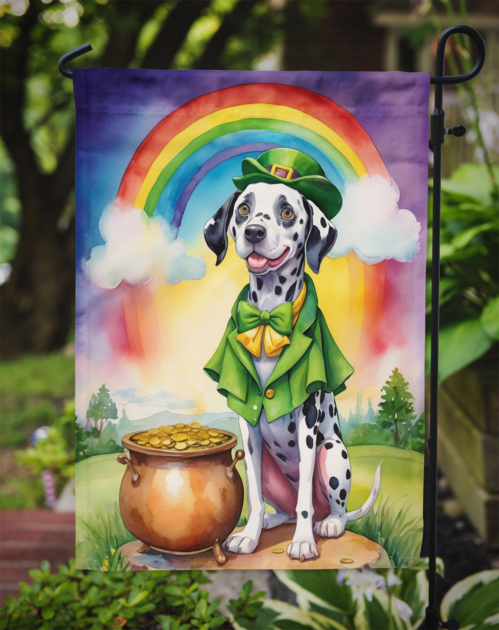Dalmatian St. Patrick’s Day Garden Flag – Dog with Pot of Gold & Rainbow Yard Decor