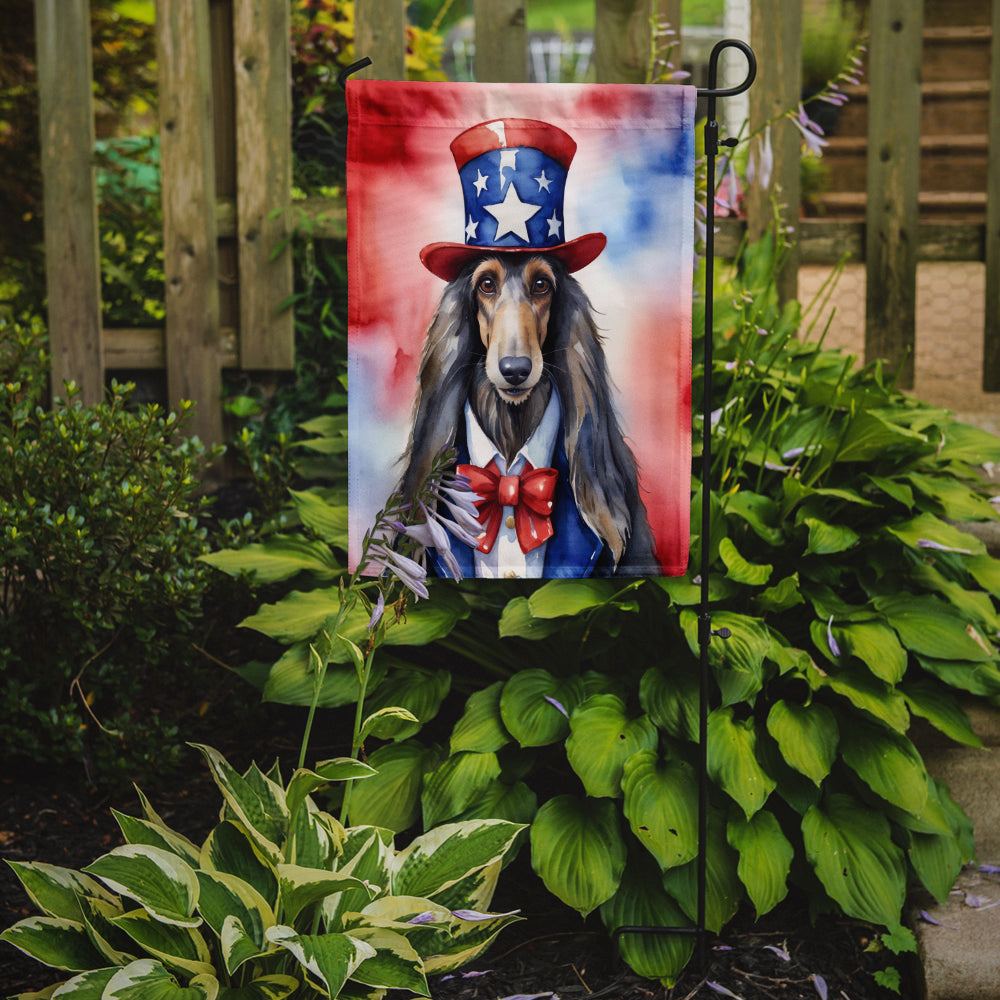 Afghan Hound Patriotic American Garden Flag – Dog in Uncle Sam Hat | Red, White & Blue Outdoor Decor