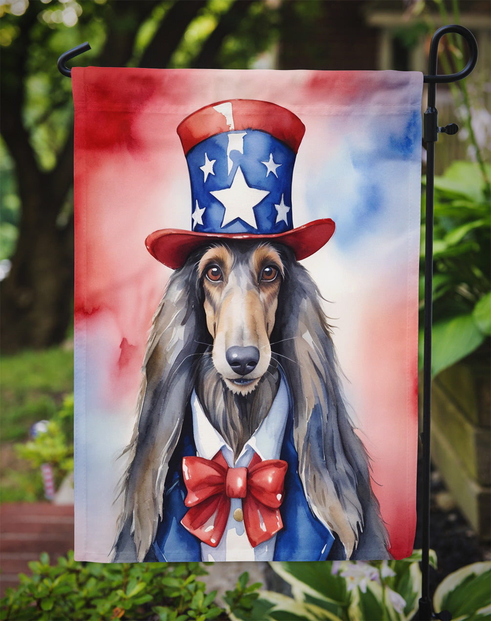Afghan Hound Patriotic American Garden Flag – Dog in Uncle Sam Hat | Red, White & Blue Outdoor Decor