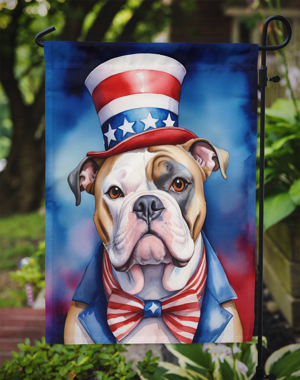 American Bulldog Patriotic American Garden Flag – Dog in Uncle Sam Hat | Red, White & Blue Outdoor Decor