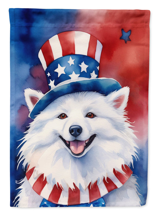 American Eskimo Patriotic American Garden Flag – Dog in Uncle Sam Hat | Red, White & Blue Outdoor Decor