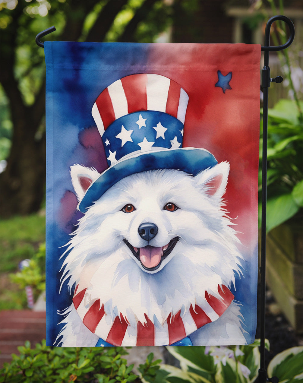 American Eskimo Patriotic American Garden Flag – Dog in Uncle Sam Hat | Red, White & Blue Outdoor Decor