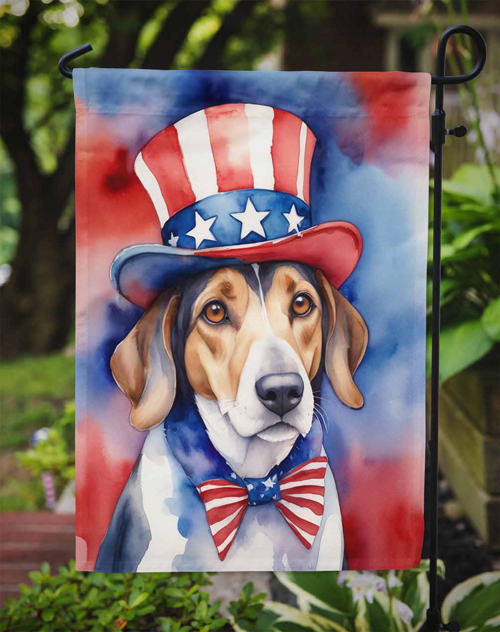 American Foxhound Patriotic American Garden Flag – Dog in Uncle Sam Hat | Red, White & Blue Outdoor Decor