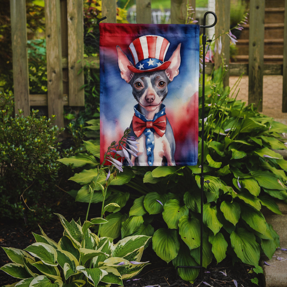 American Hairless Terrier Patriotic American Garden Flag – Dog in Uncle Sam Hat | Red, White & Blue Outdoor Decor
