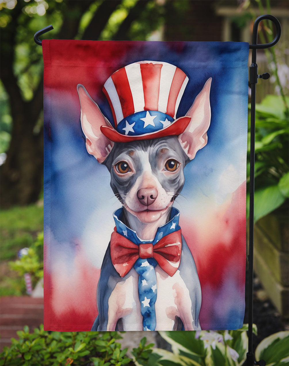 American Hairless Terrier Patriotic American Garden Flag – Dog in Uncle Sam Hat | Red, White & Blue Outdoor Decor