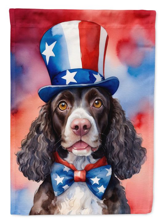 American Water Spaniel Patriotic American Garden Flag – Dog in Uncle Sam Hat | Red, White & Blue Outdoor Decor