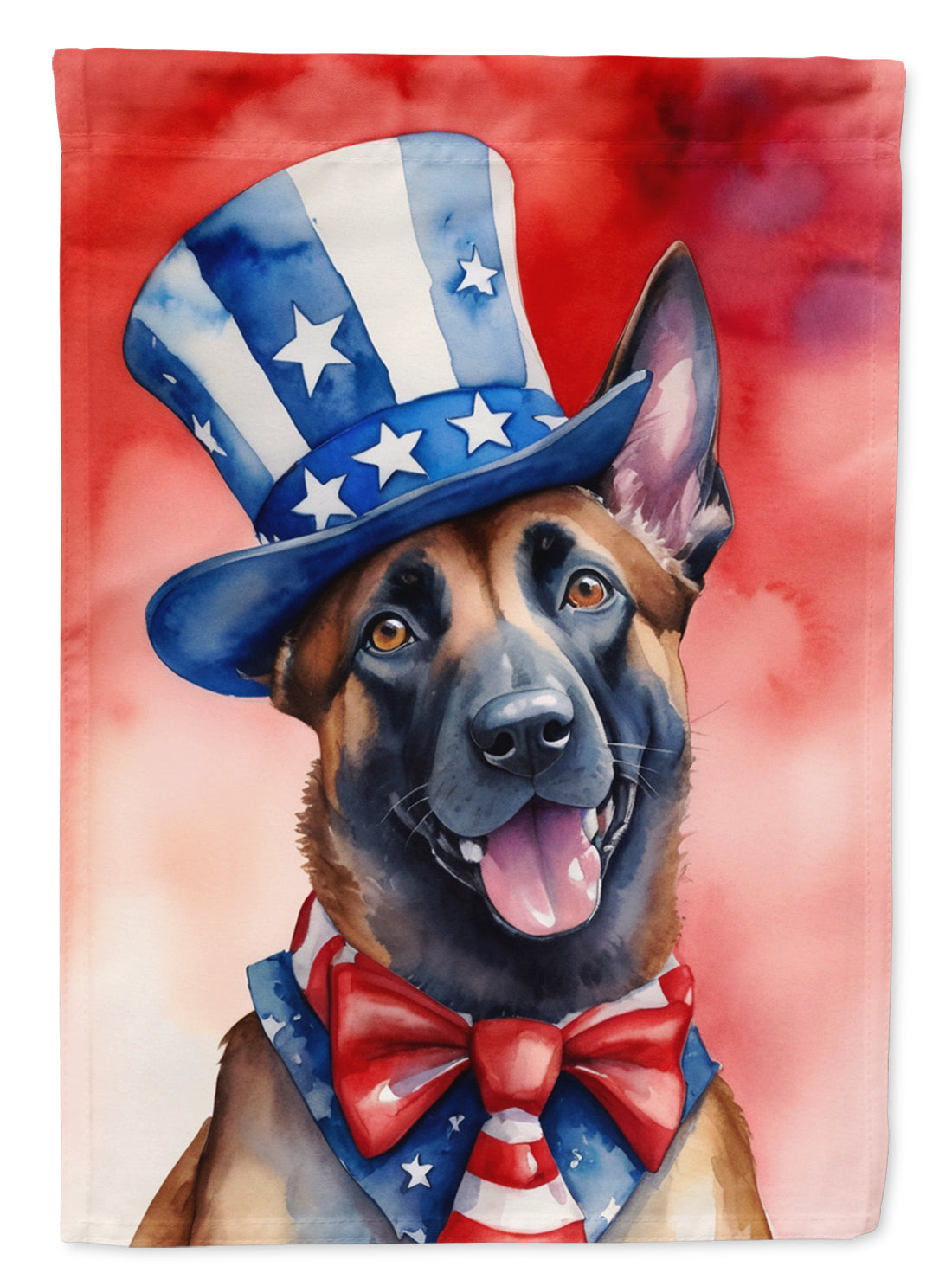 Belgian Malinois Patriotic American Garden Flag – Dog in Uncle Sam Hat | Red, White & Blue Outdoor Decor