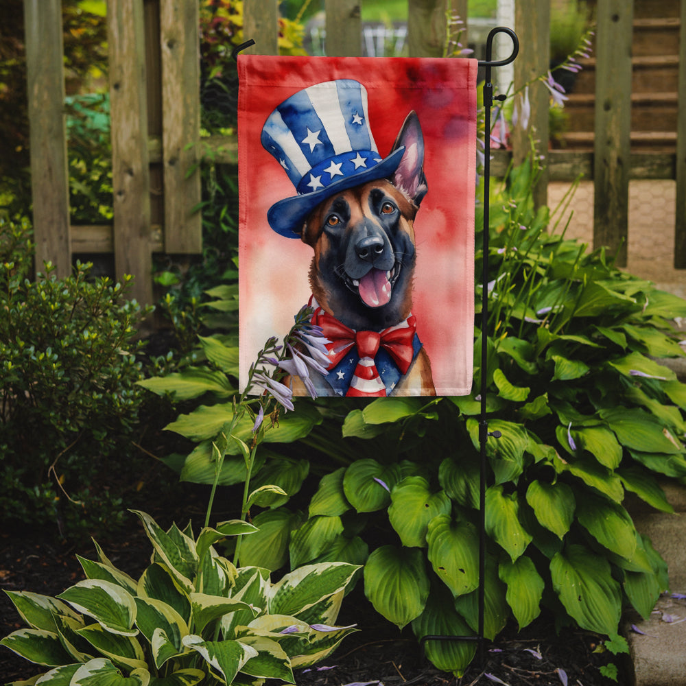 Belgian Malinois Patriotic American Garden Flag – Dog in Uncle Sam Hat | Red, White & Blue Outdoor Decor