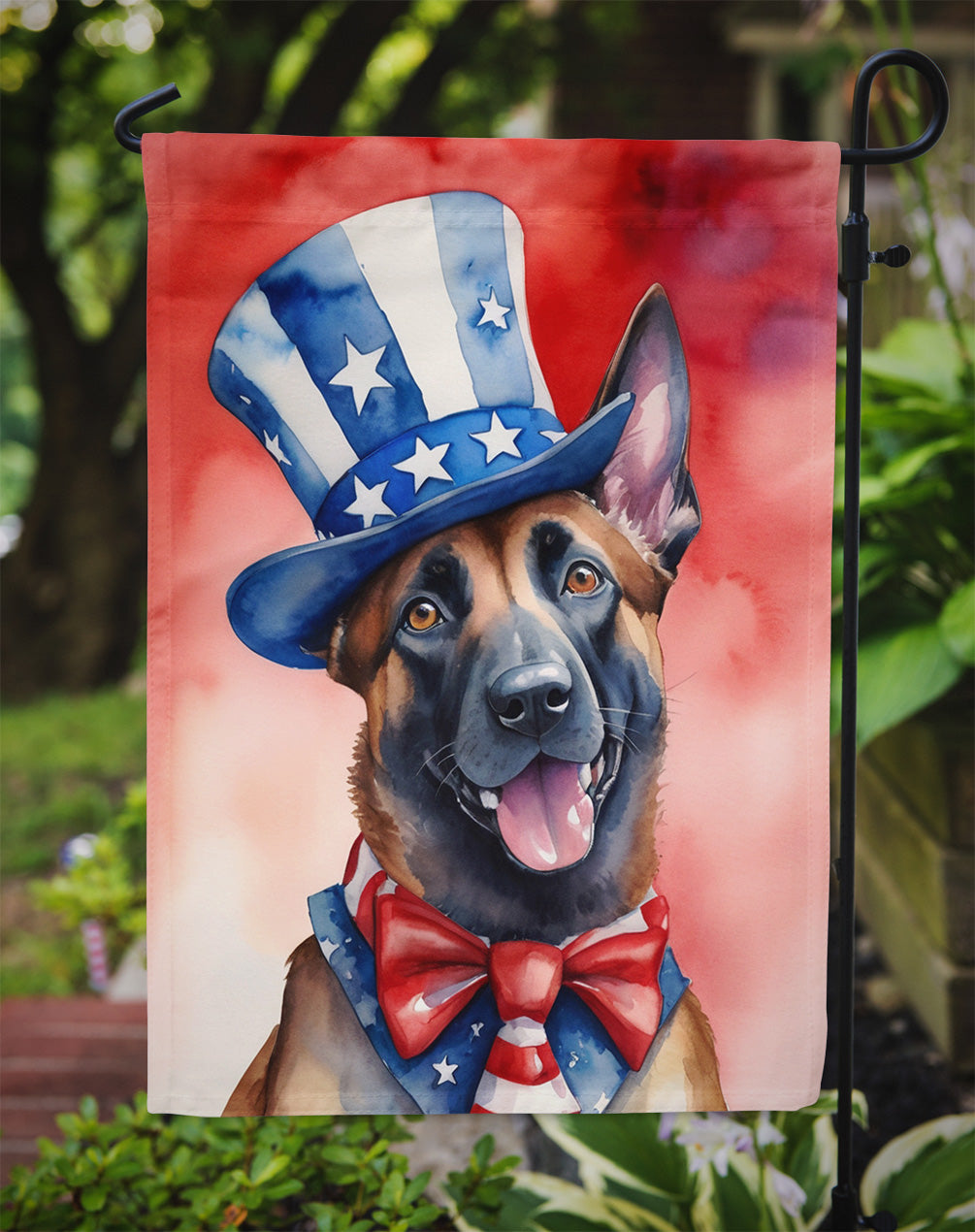 Belgian Malinois Patriotic American Garden Flag – Dog in Uncle Sam Hat | Red, White & Blue Outdoor Decor