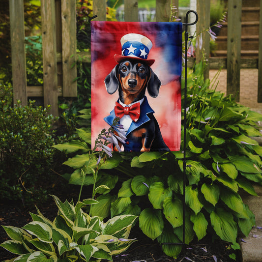 Dachshund Patriotic American Garden Flag – Dog in Uncle Sam Hat | Red, White & Blue Outdoor Decor