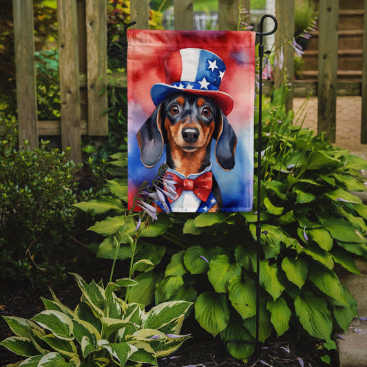 Dachshund Patriotic American Garden Flag – Dog in Uncle Sam Hat | Red, White & Blue Outdoor Decor