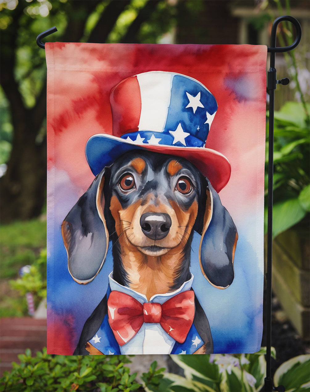 Dachshund Patriotic American Garden Flag – Dog in Uncle Sam Hat | Red, White & Blue Outdoor Decor