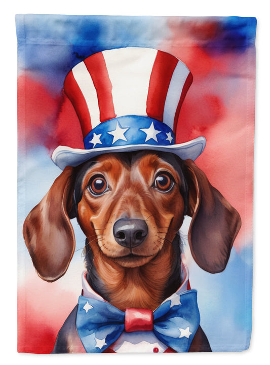 Dachshund Patriotic American Garden Flag – Dog in Uncle Sam Hat | Red, White & Blue Outdoor Decor