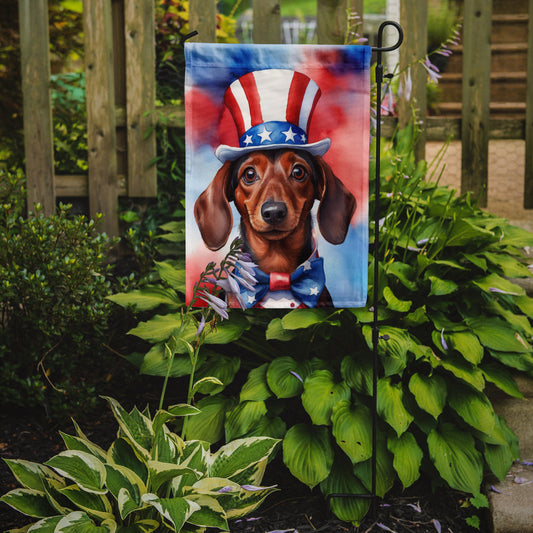 Dachshund Patriotic American Garden Flag – Dog in Uncle Sam Hat | Red, White & Blue Outdoor Decor