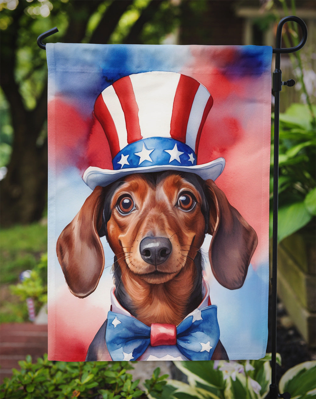 Dachshund Patriotic American Garden Flag – Dog in Uncle Sam Hat | Red, White & Blue Outdoor Decor