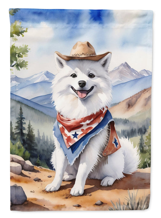 American Eskimo Cowboy Welcome Garden Flag – Western Dog Yard Decor with Mountain Landscape
