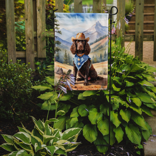 American Water Spaniel Cowboy Welcome Garden Flag – Western Dog Yard Decor with Mountain Landscape