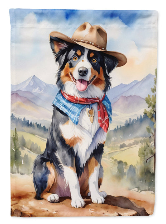 Australian Shepherd Cowboy Welcome Garden Flag – Western Dog Yard Decor with Mountain Landscape