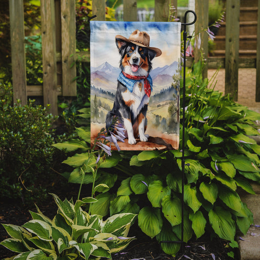 Australian Shepherd Cowboy Welcome Garden Flag – Western Dog Yard Decor with Mountain Landscape